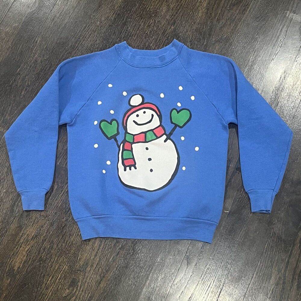 Vintage Snowman Sweatshirt Youthโ 14-16 Blue Hanes Sweater Graphic USA